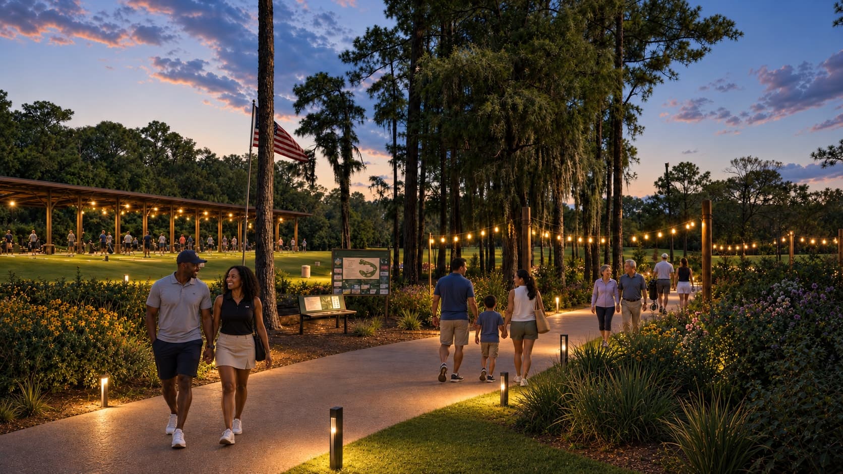 Illustrative concept of people gathering around a welcoming clubhouse and practice area